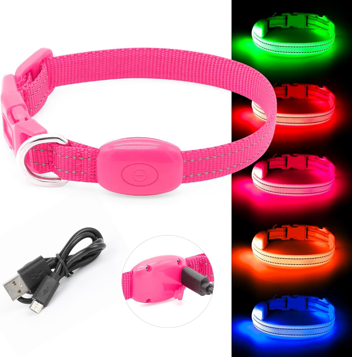 Rechargeable LED Dog & Cat Collar – Glow in the Dark Safety Collar for Night Walking (Pink, XS)