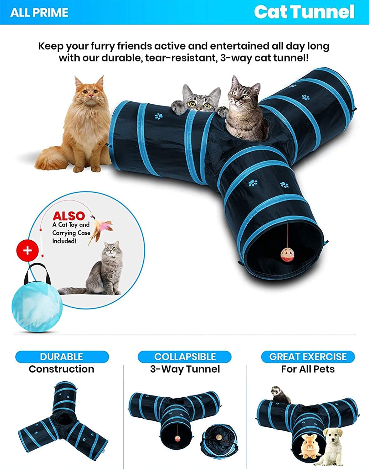 3-Way Cat Tunnel with Interactive Toy – Collapsible Play Tube for Cats