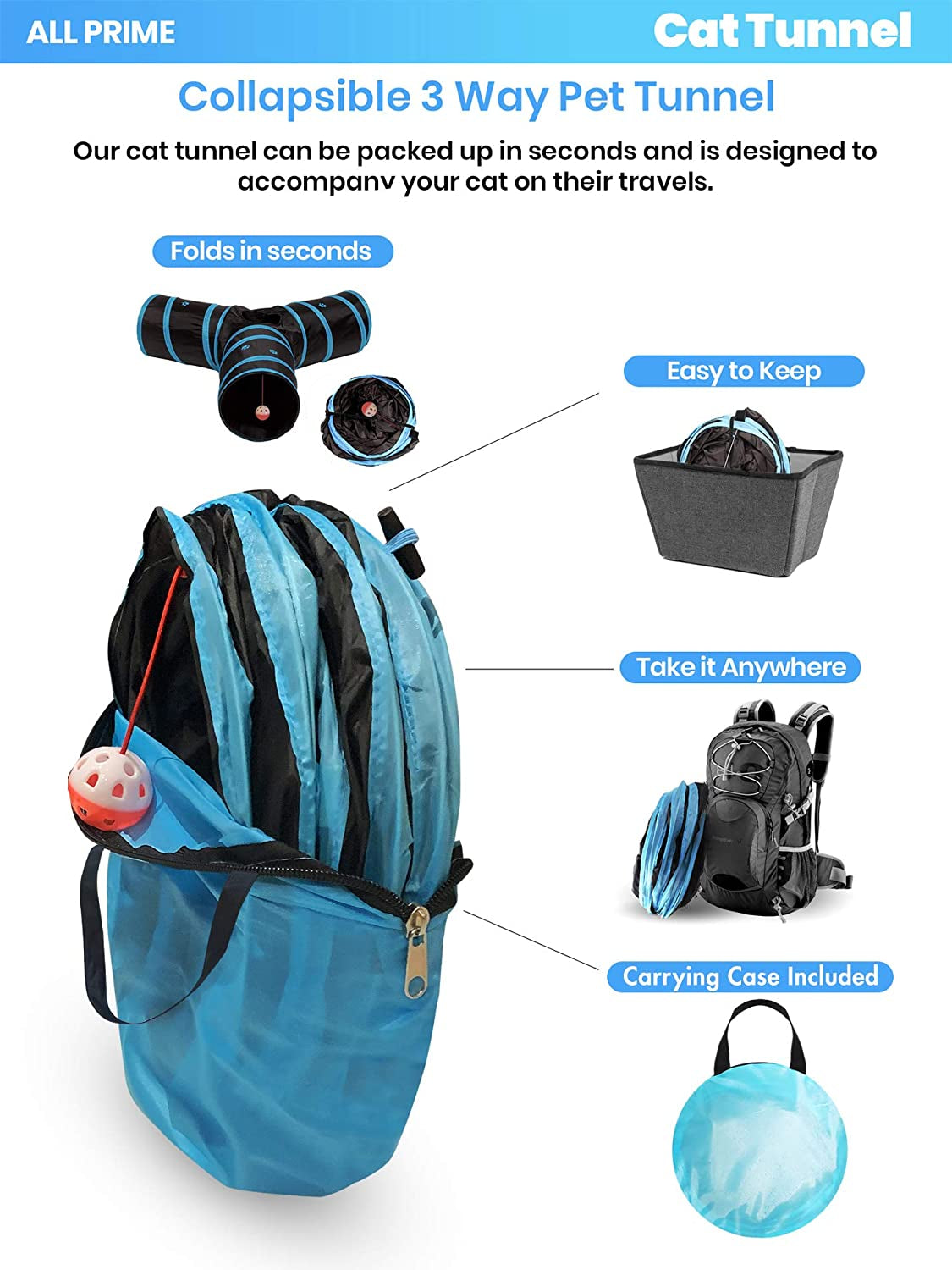 3-Way Cat Tunnel with Interactive Toy – Collapsible Play Tube for Cats