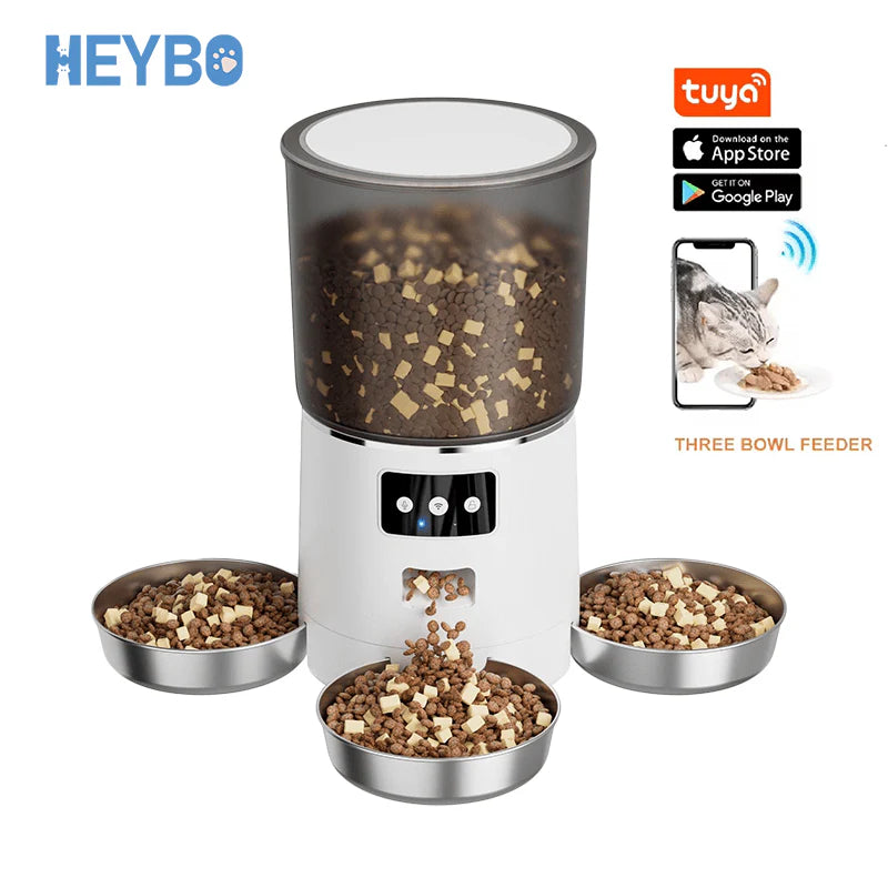 HEYBO Automatic Cat Feeder – Smart App-Controlled Pet Feeder with 3 Bowls