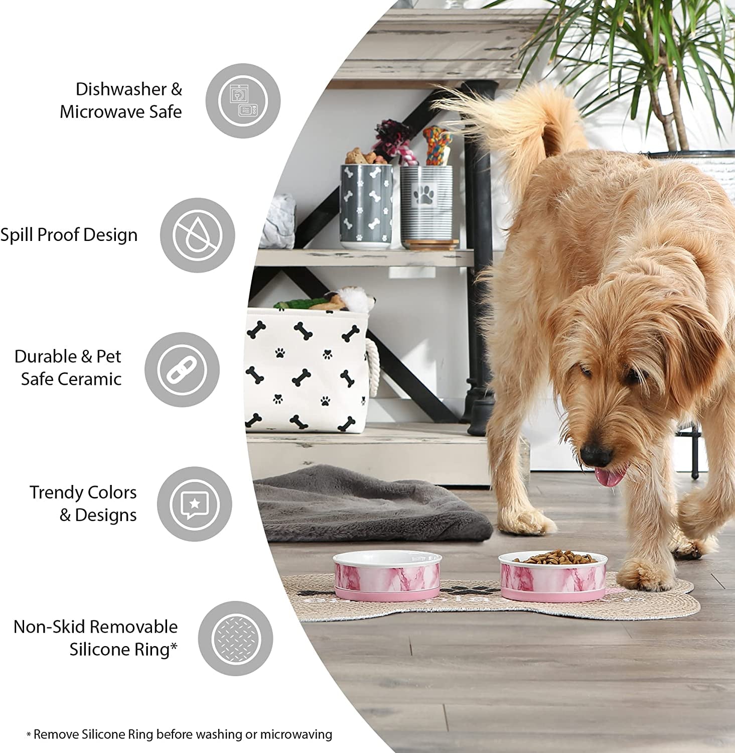 Lattice Collection Ceramic Pet Bowls – Non-Slip Food & Water Dish Set (2 Pack, Gray)