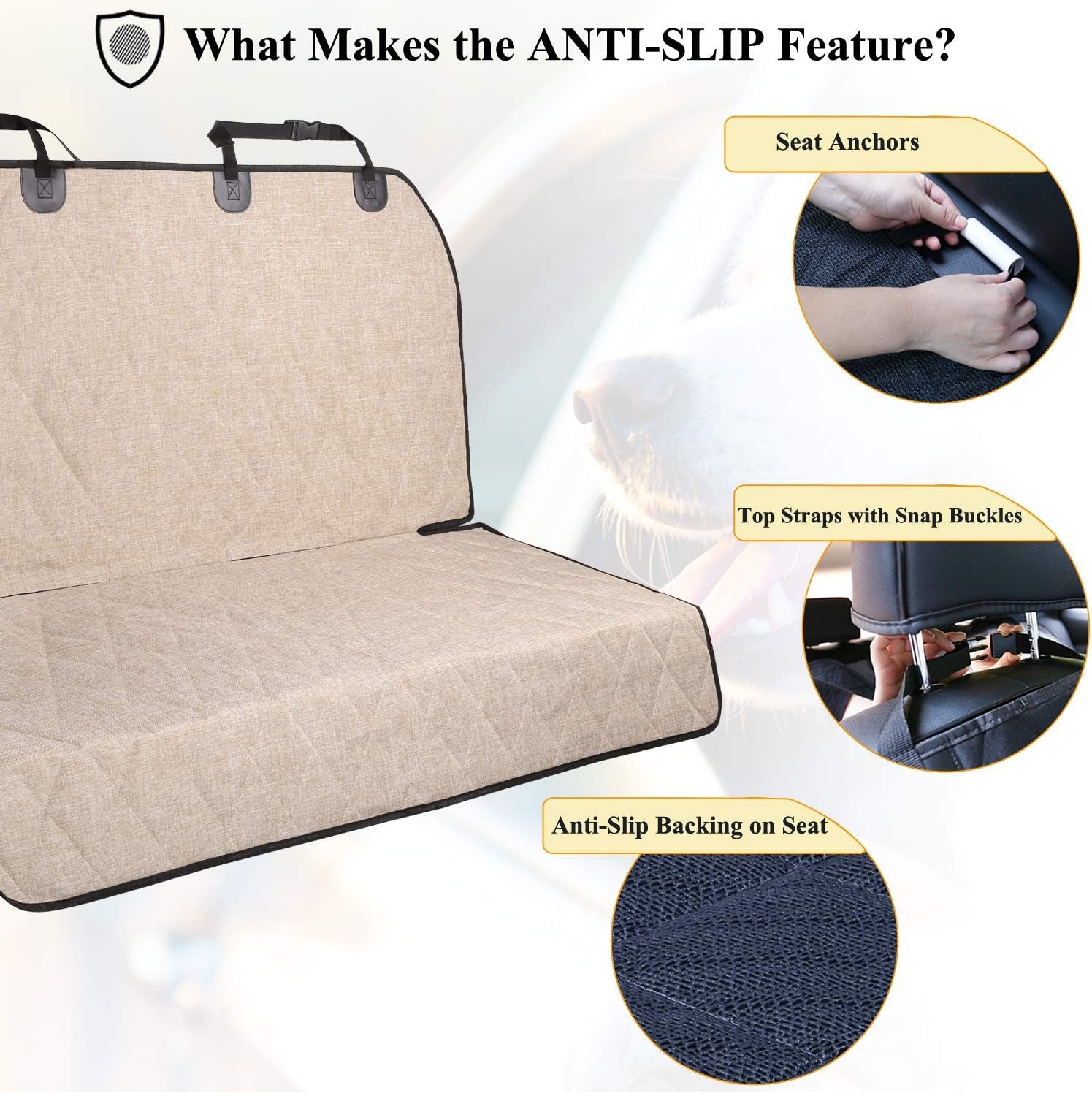 Dog Back Seat Cover – Waterproof Pet Car Seat Protector with Anti-Slip Backing (Heather Khaki) 