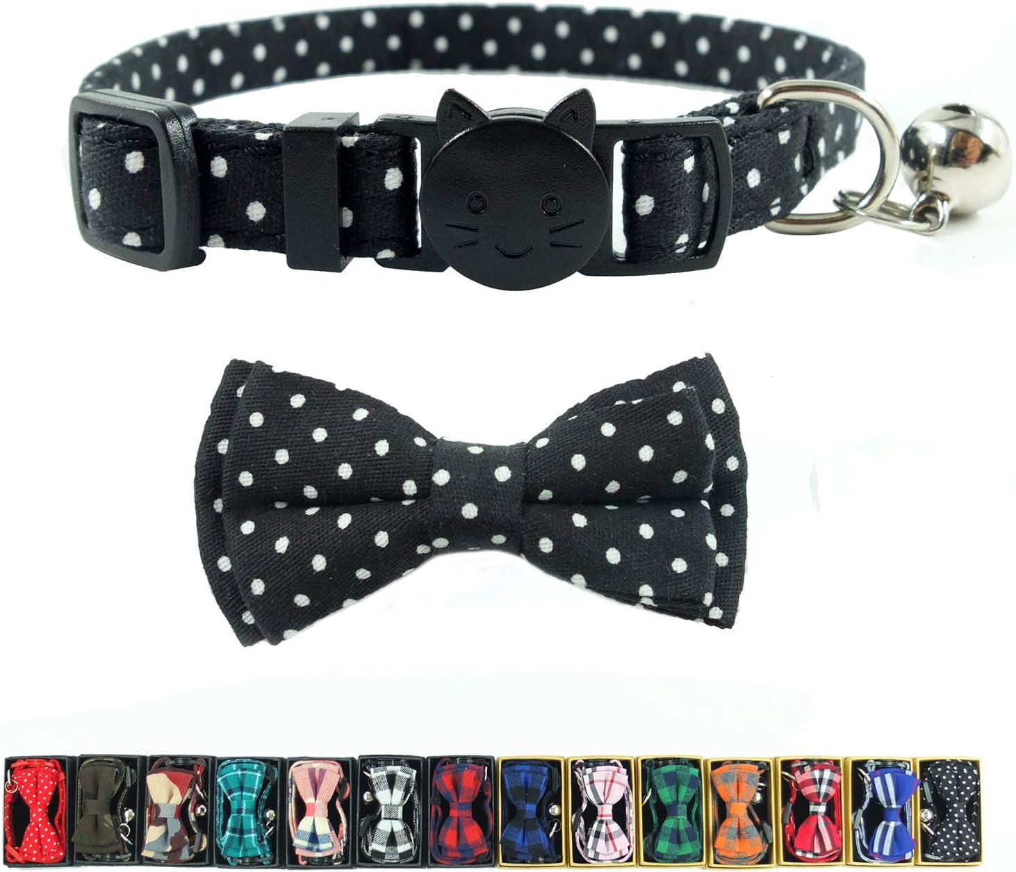 Cute Cat Collar with Bell & Bow Tie – for Kittens (Black Dots)
