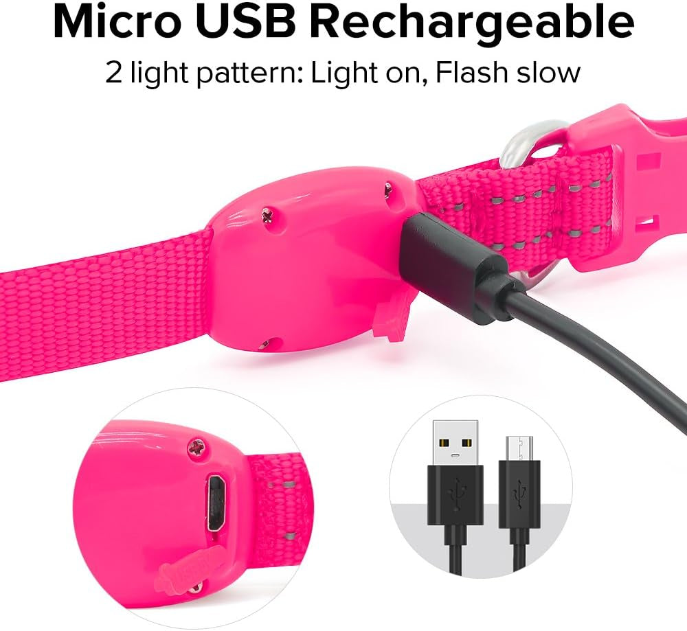 Rechargeable LED Dog & Cat Collar – Glow in the Dark Safety Collar for Night Walking (Pink, XS)